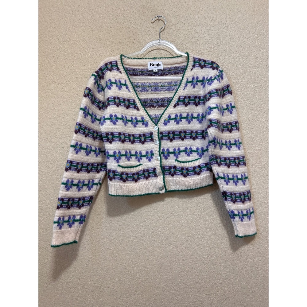 Rouje 36 Leora Cardigan Cream Floral Mohair Wool Cropped Fair Isle Sweater